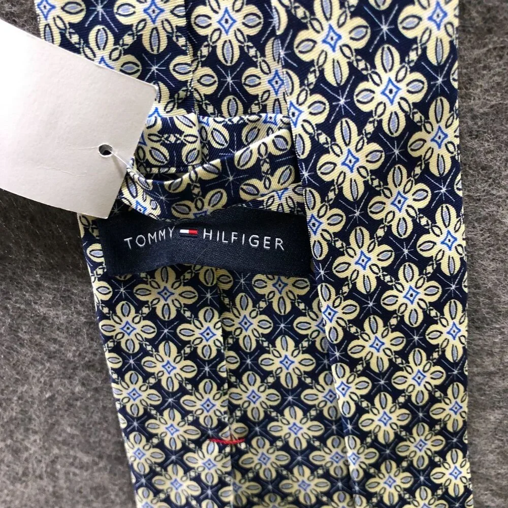 NWT‎ Tommy Hilfiger Silk Tie Mens Blue Beige Geometric Floral Print MSRP $69